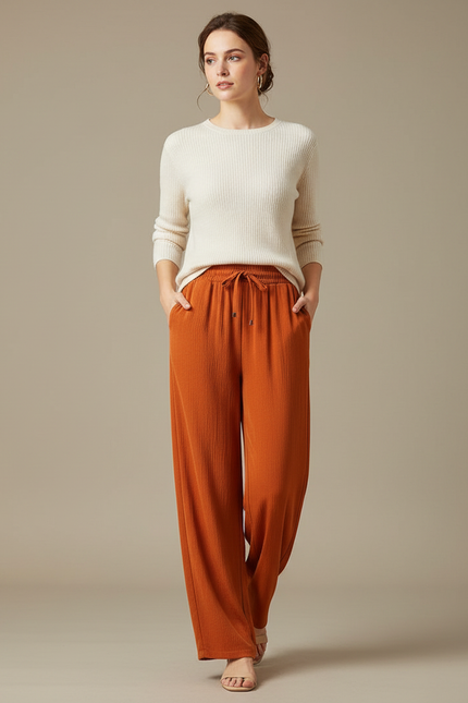 Pantalon Japonais Orange Ample Côtelé Cordon Fluide - Cordé