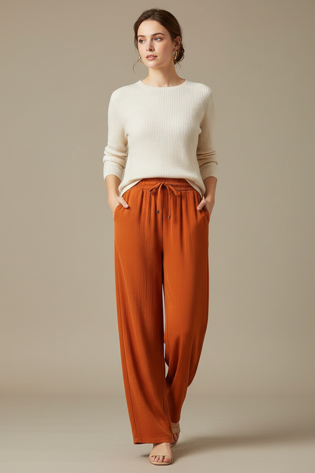 Pantalon Japonais Orange Ample Côtelé Cordon Fluide - Cordé