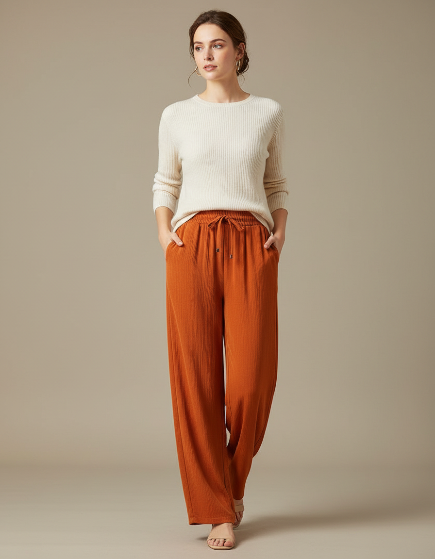 Pantalon Japonais Orange Ample Côtelé Cordon Fluide - Cordé