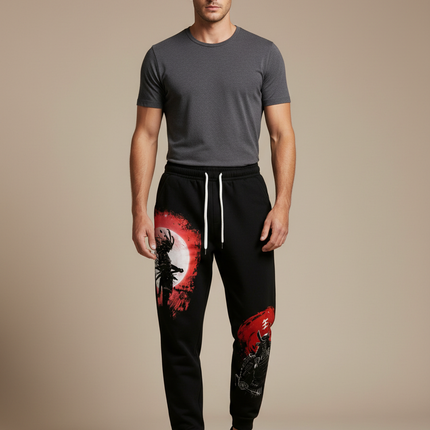 Pantalon Japonais Noir Samouraï Rouge Décontracté Décontracté - Molleton