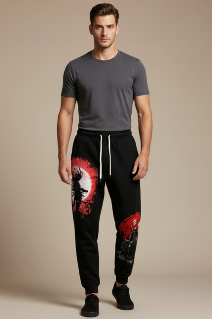 Pantalon Japonais Noir Samouraï Rouge Décontracté Décontracté - Molleton