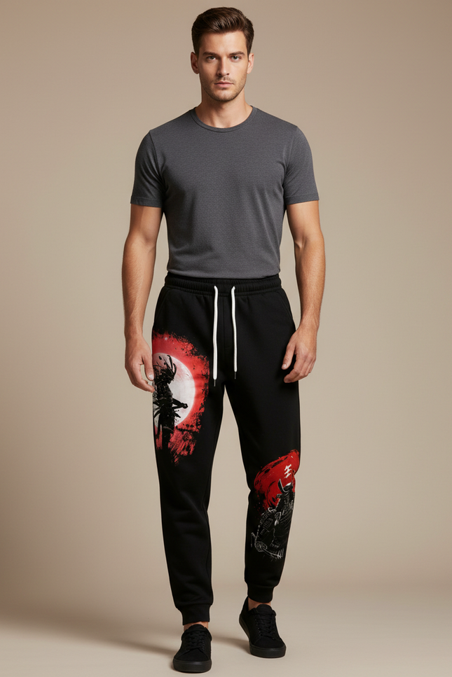 Pantalon Japonais Noir Samouraï Rouge Décontracté Décontracté - Molleton