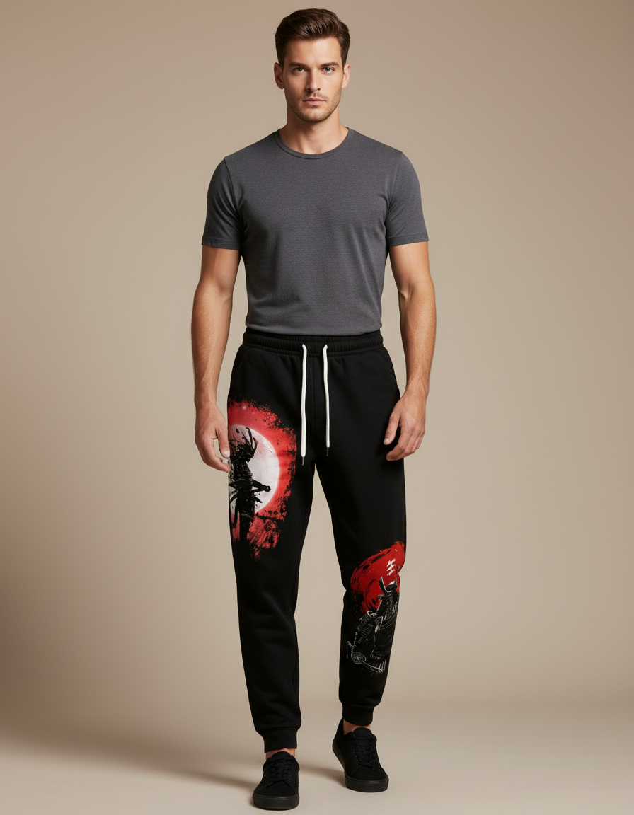 Pantalon Japonais Noir Samouraï Rouge Décontracté Décontracté - Molleton