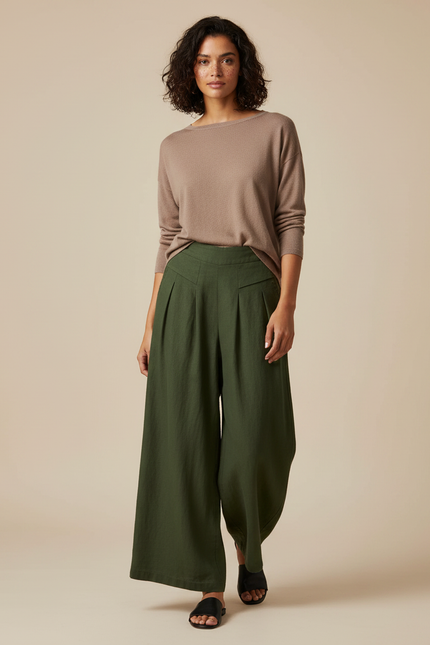 Pantalon Japonais Vert Kaki Ample Plissé Fluide Femme - Lin