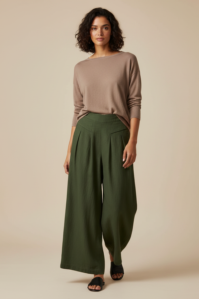 Pantalon Japonais Vert Kaki Ample Plissé Fluide Femme - Lin