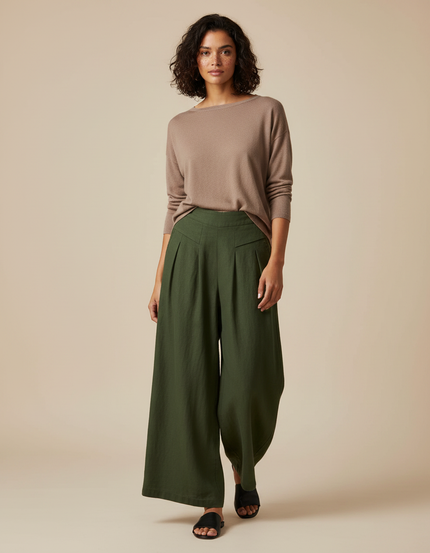 Pantalon Japonais Vert Kaki Ample Plissé Fluide Femme - Lin