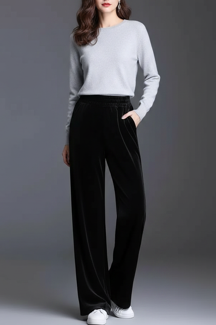 Pantalon Japonais Velours Noir Ample Taille Haute Droit
