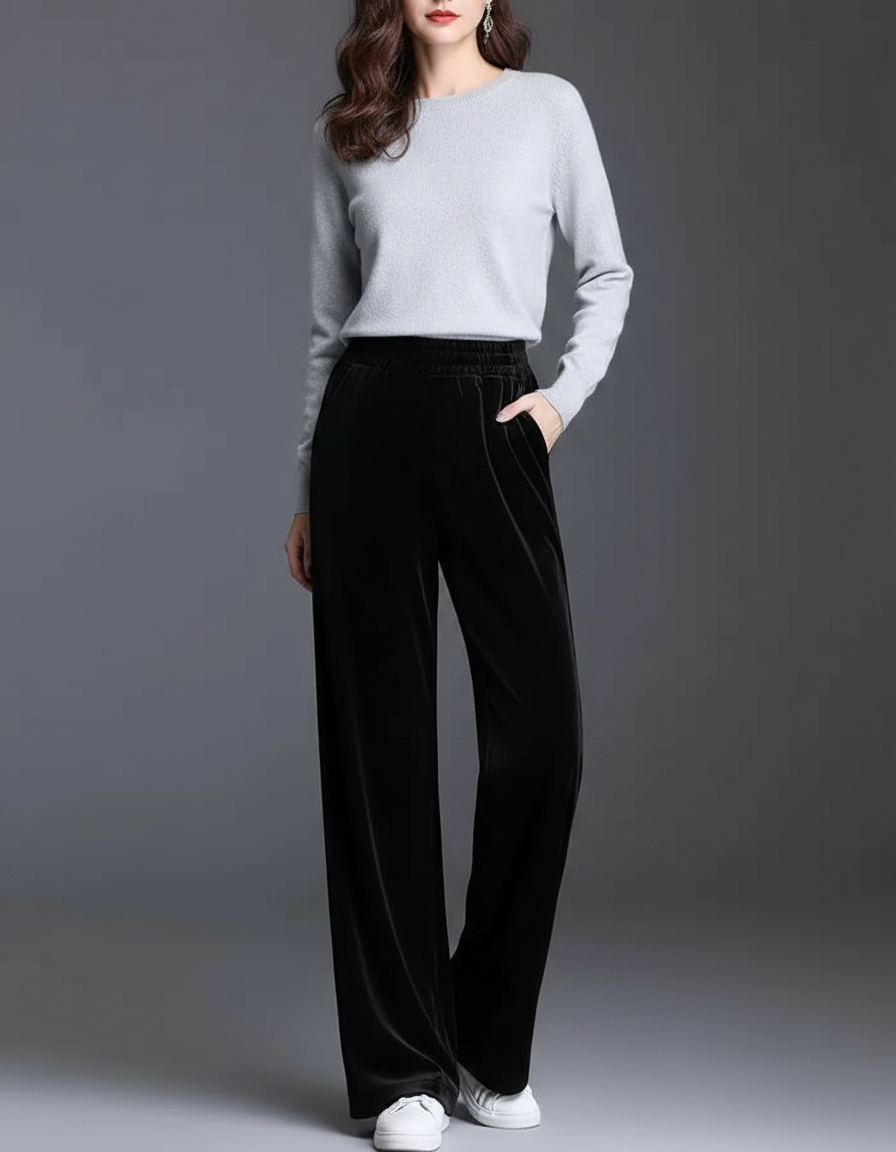 Pantalon Japonais Velours Noir Ample Taille Haute Droit