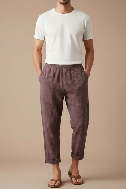 Pantalon Japonais Marron Lin Ample Confortable Décontracté