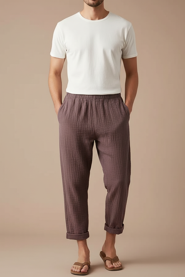 Pantalon Japonais Marron Lin Ample Confortable Décontracté