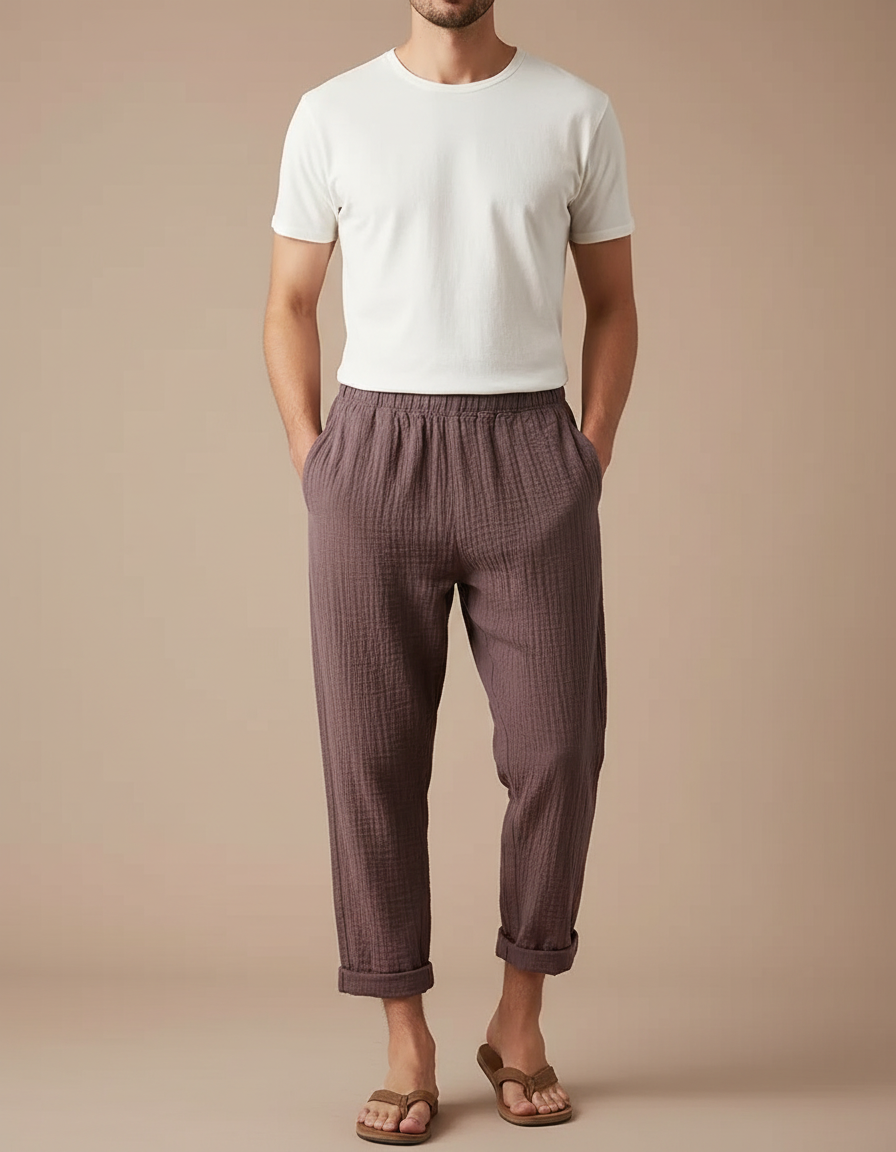 Pantalon Japonais Marron Lin Ample Confortable Décontracté
