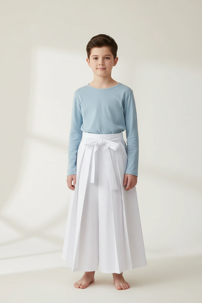 Pantalon Japonais Blanc Plissé Ample Ceinturé Coton