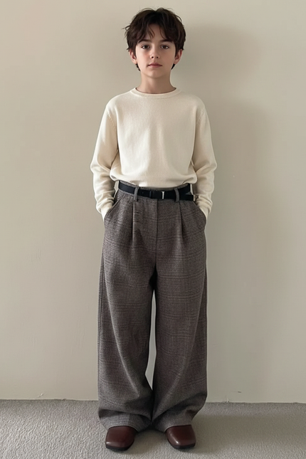 Pantalon Japonais Gris Ample Plissé Décontracté Carreaux - Tweed