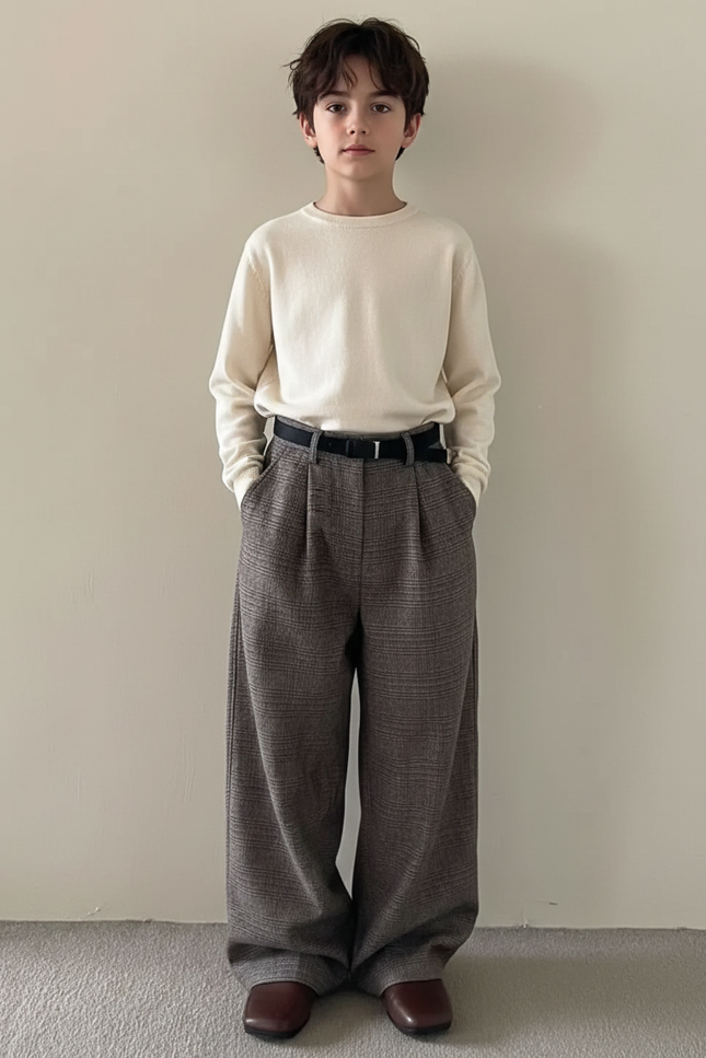 Pantalon Japonais Gris Ample Plissé Décontracté Carreaux - Tweed