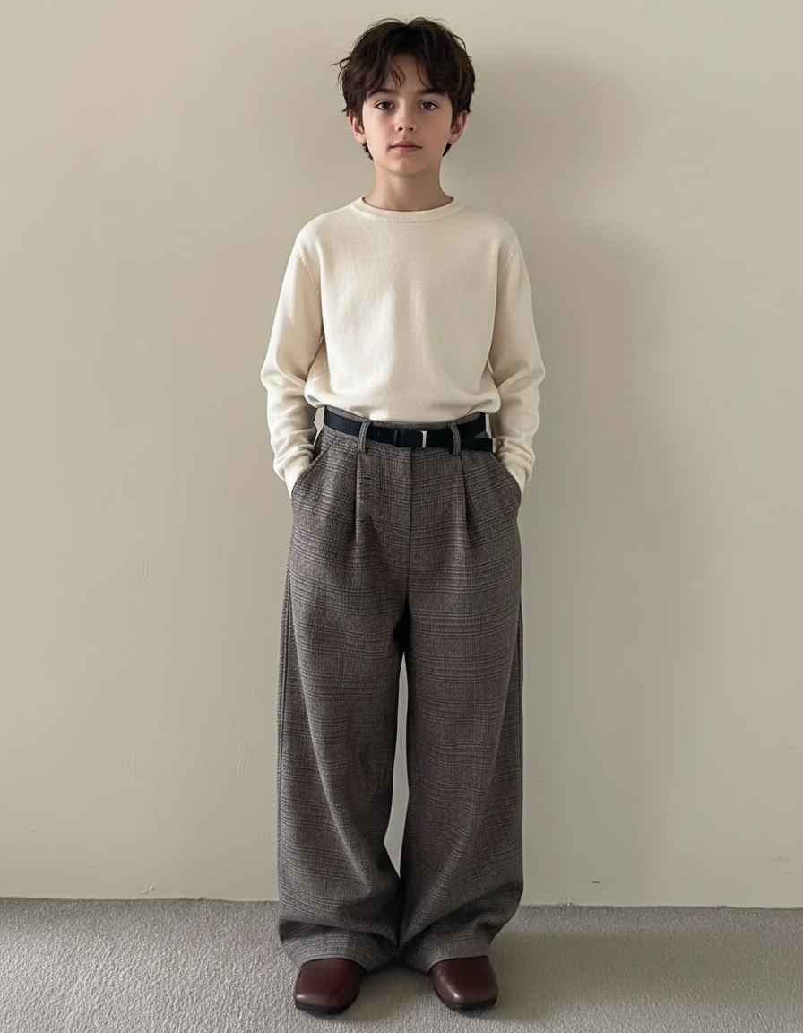 Pantalon Japonais Gris Ample Plissé Décontracté Carreaux - Tweed