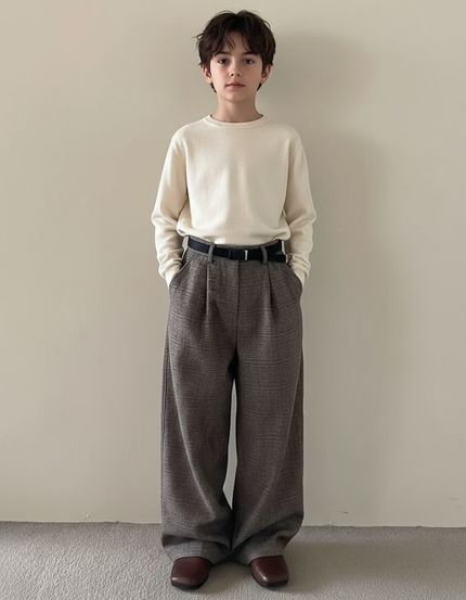 Pantalon Japonais Gris Ample Plissé Décontracté Carreaux - Tweed