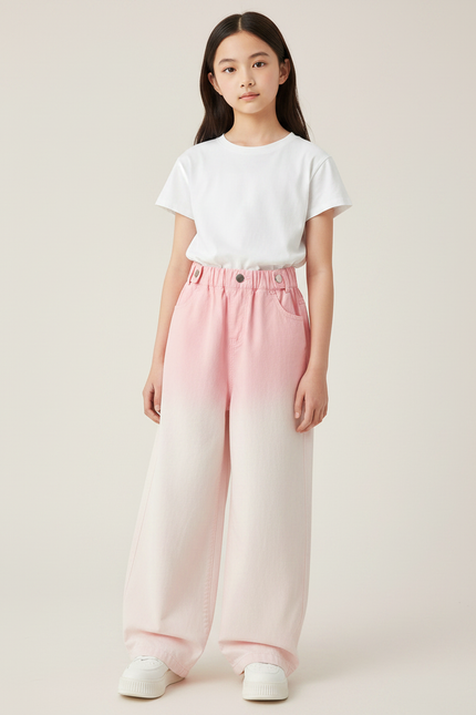 Pantalon Japonais Large Dégradé Rose Denim Fille - Jean