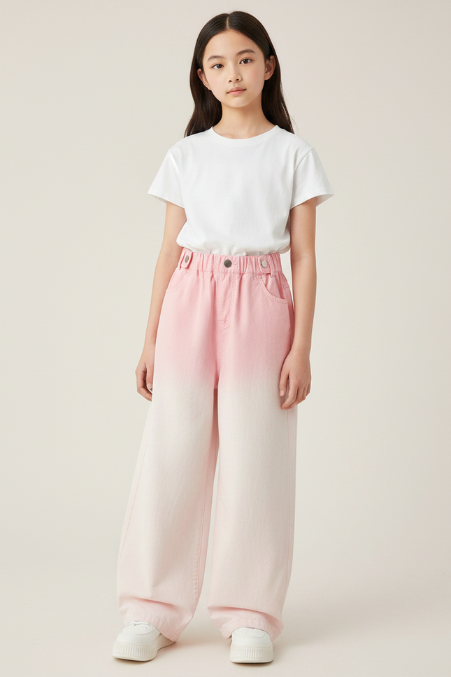 Pantalon Japonais Large Dégradé Rose Denim Fille - Jean
