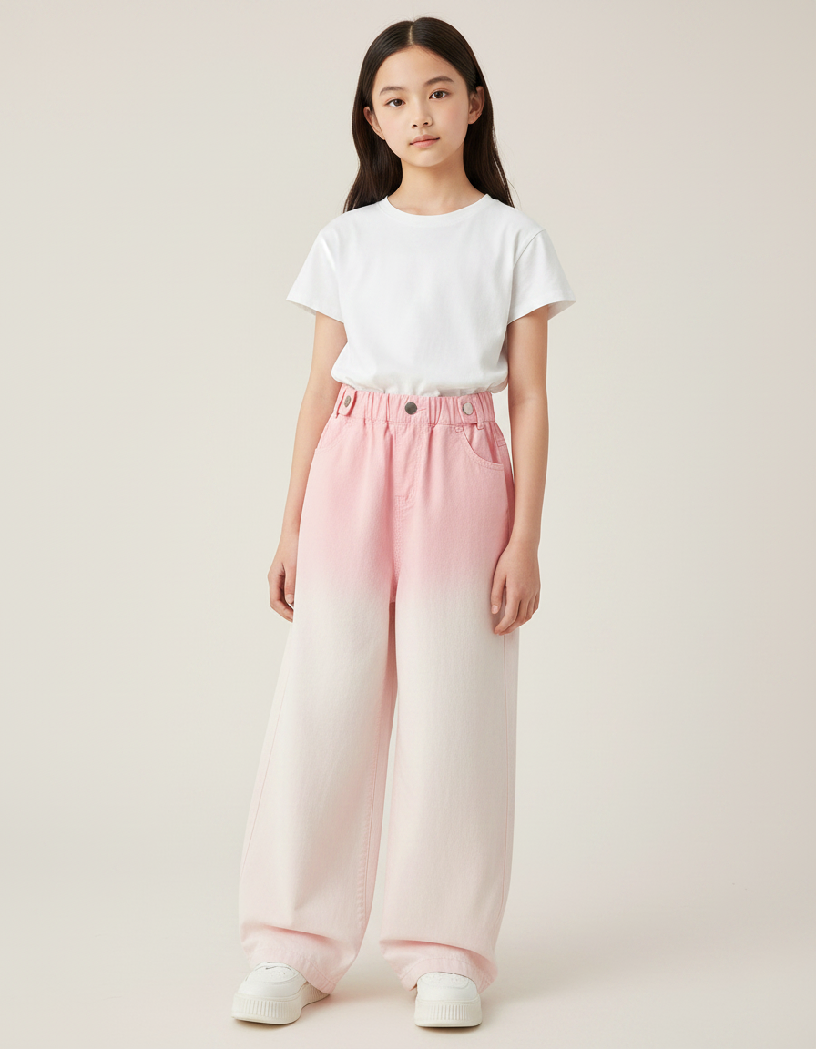 Pantalon Japonais Large Dégradé Rose Denim Fille - Jean
