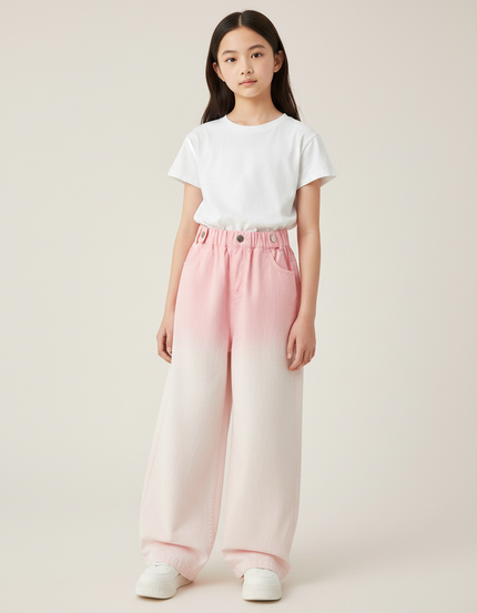 Pantalon Japonais Large Dégradé Rose Denim Fille - Jean