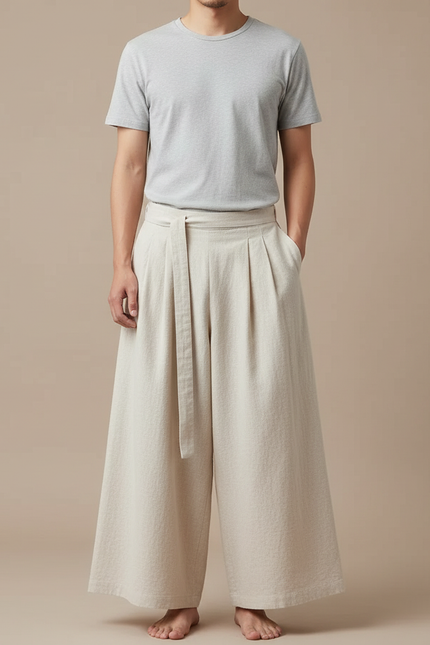 Pantalon Japonais Beige Ample Plissé Décontracté Homme - Lin