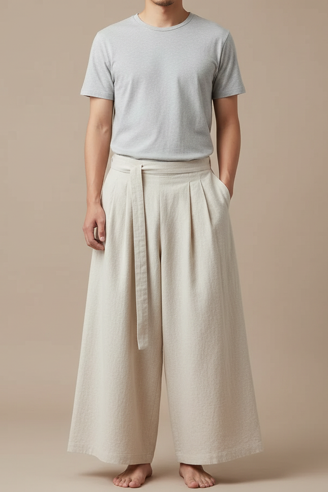Pantalon Japonais Beige Ample Plissé Décontracté Homme - Lin