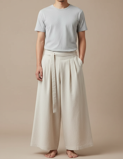 Pantalon Japonais Beige Ample Plissé Décontracté Homme - Lin