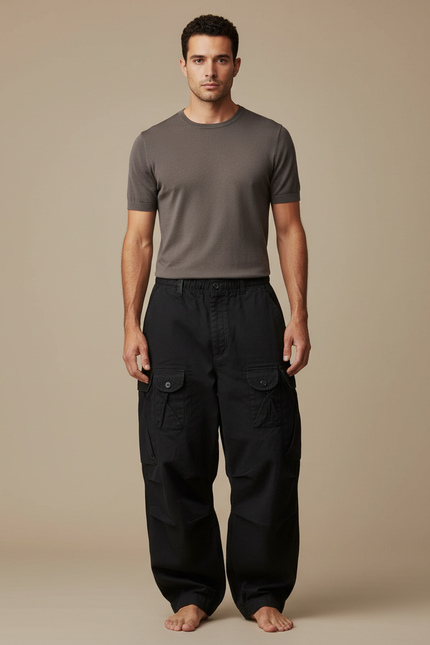 Pantalon Japonais Cargo Noir Ample Coton Homme