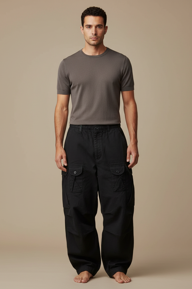 Pantalon Japonais Cargo Noir Ample Coton Homme