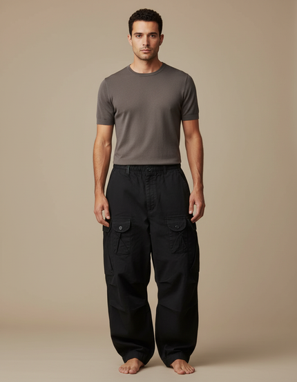 Pantalon Japonais Cargo Noir Ample Coton Homme