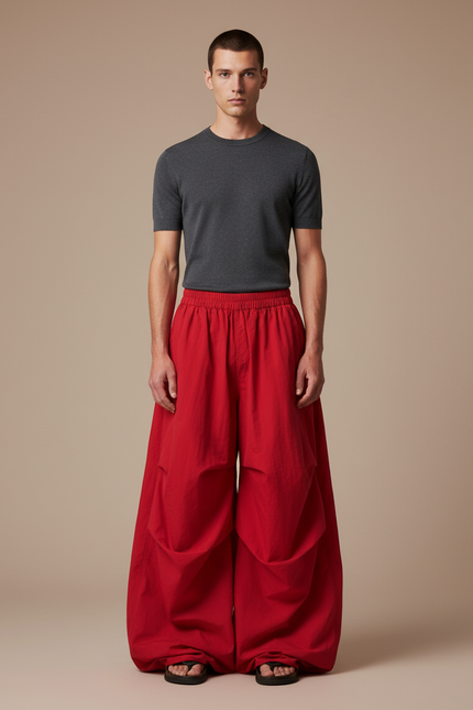 Pantalon Japonais Ample Rouge Cargo Streetwear Homme - Toile
