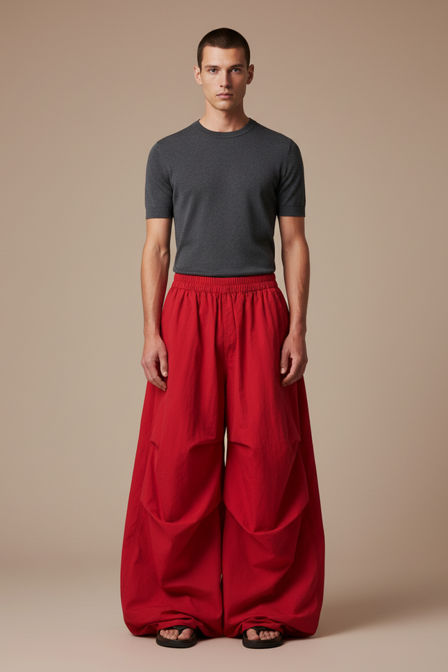 Pantalon Japonais Ample Rouge Cargo Streetwear Homme - Toile
