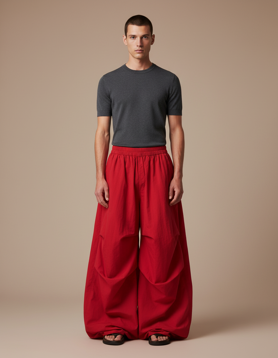 Pantalon Japonais Ample Rouge Cargo Streetwear Homme - Toile