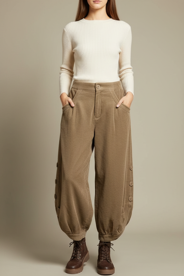 Pantalon Japonais Velours Côtelé Marron Ample Boutons Harem - Cordé
