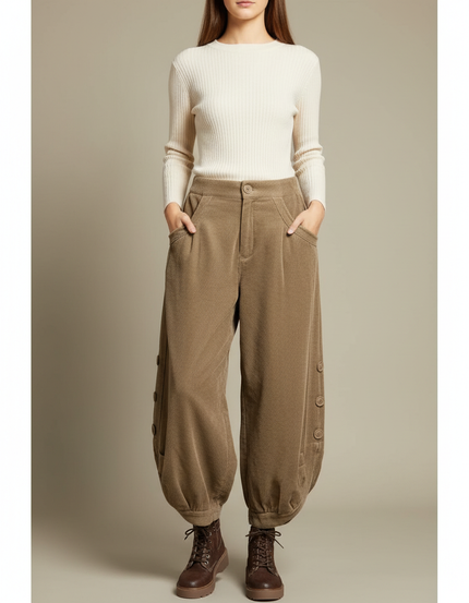Pantalon Japonais Velours Côtelé Marron Ample Boutons Harem - Cordé