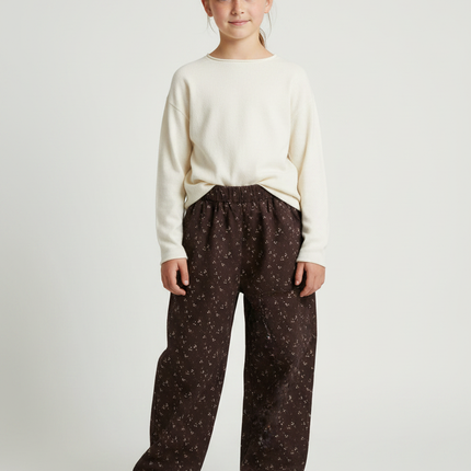 Pantalon Japonais Marron Fleuri Ample Décontracté Enfant - Cordé