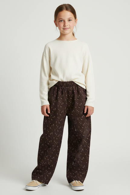 Pantalon Japonais Marron Fleuri Ample Décontracté Enfant - Cordé
