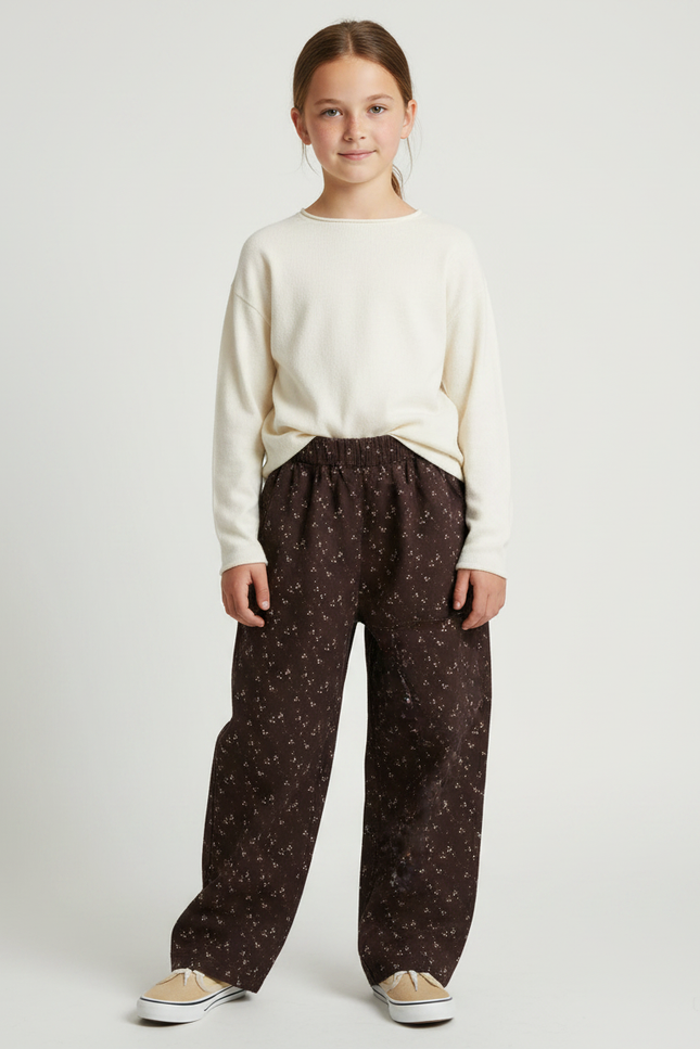 Pantalon Japonais Marron Fleuri Ample Décontracté Enfant - Cordé