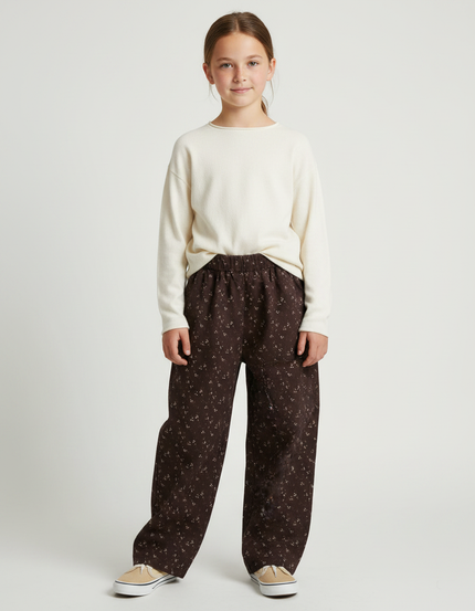 Pantalon Japonais Marron Fleuri Ample Décontracté Enfant - Cordé