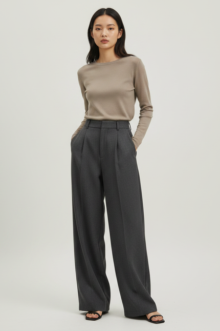 Pantalon Japonais Gris Laine Ample Plissé Élégant Femme