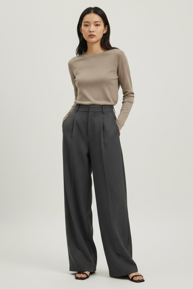 Pantalon Japonais Gris Laine Ample Plissé Élégant Femme