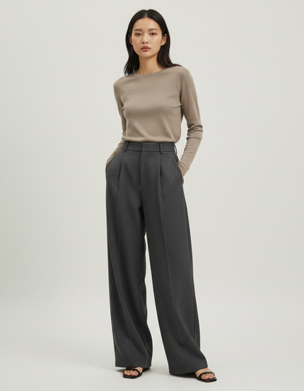 Pantalon Japonais Gris Laine Ample Plissé Élégant Femme