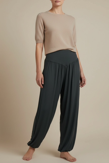Pantalon Japonais Sarouel Ample Fluide Gris Femme - Vert Viscose