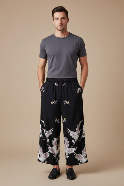 Pantalon Japonais Noir Ample Imprimé Grue Confortable - Viscose