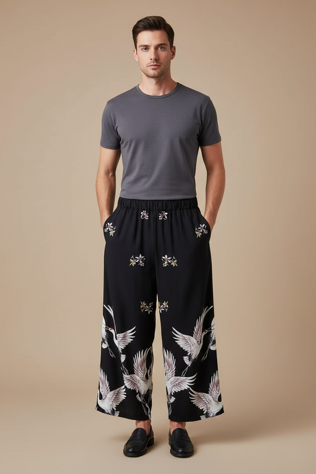 Pantalon Japonais Noir Ample Imprimé Grue Confortable - Viscose