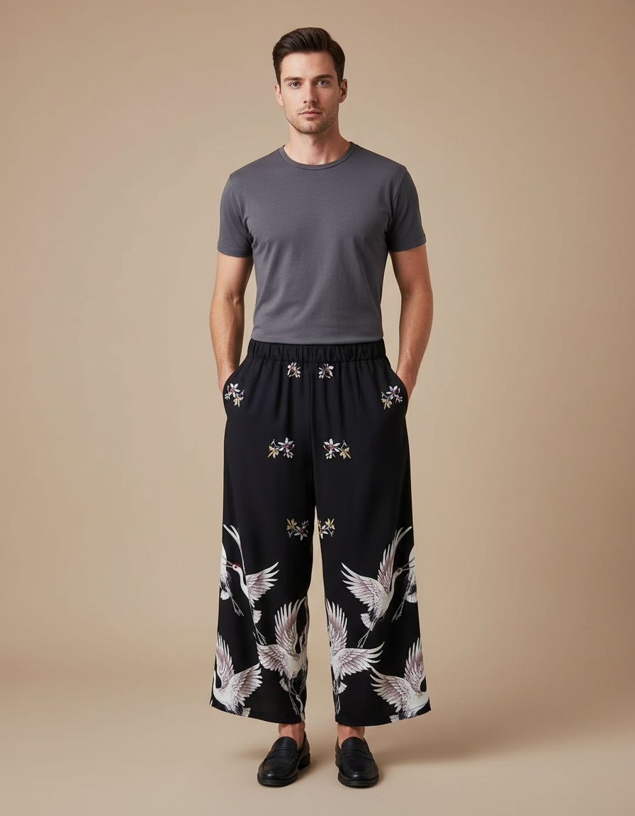 Pantalon Japonais Noir Ample Imprimé Grue Confortable - Viscose