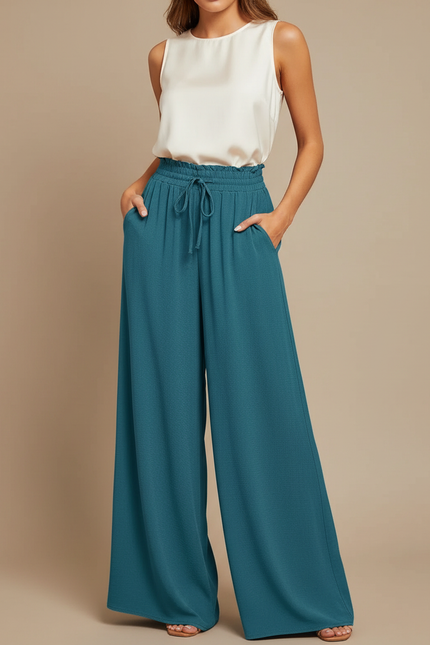 Pantalon Japonais Fluide Ample Taille Élastique Bleu Sarcelle - Viscose