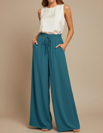 Pantalon Japonais Fluide Ample Taille Élastique Bleu Sarcelle - Viscose