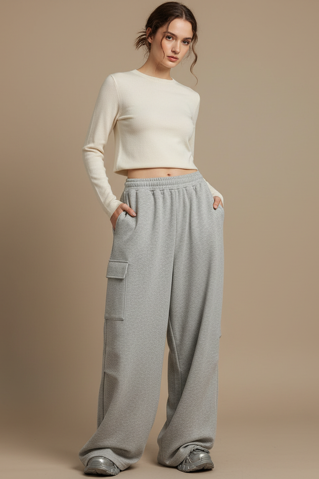 Pantalon Japonais Gris Ample Cargo Molleton Décontracté