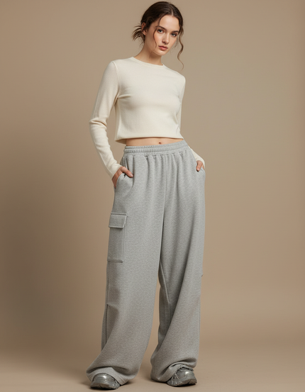 Pantalon Japonais Gris Ample Cargo Molleton Décontracté
